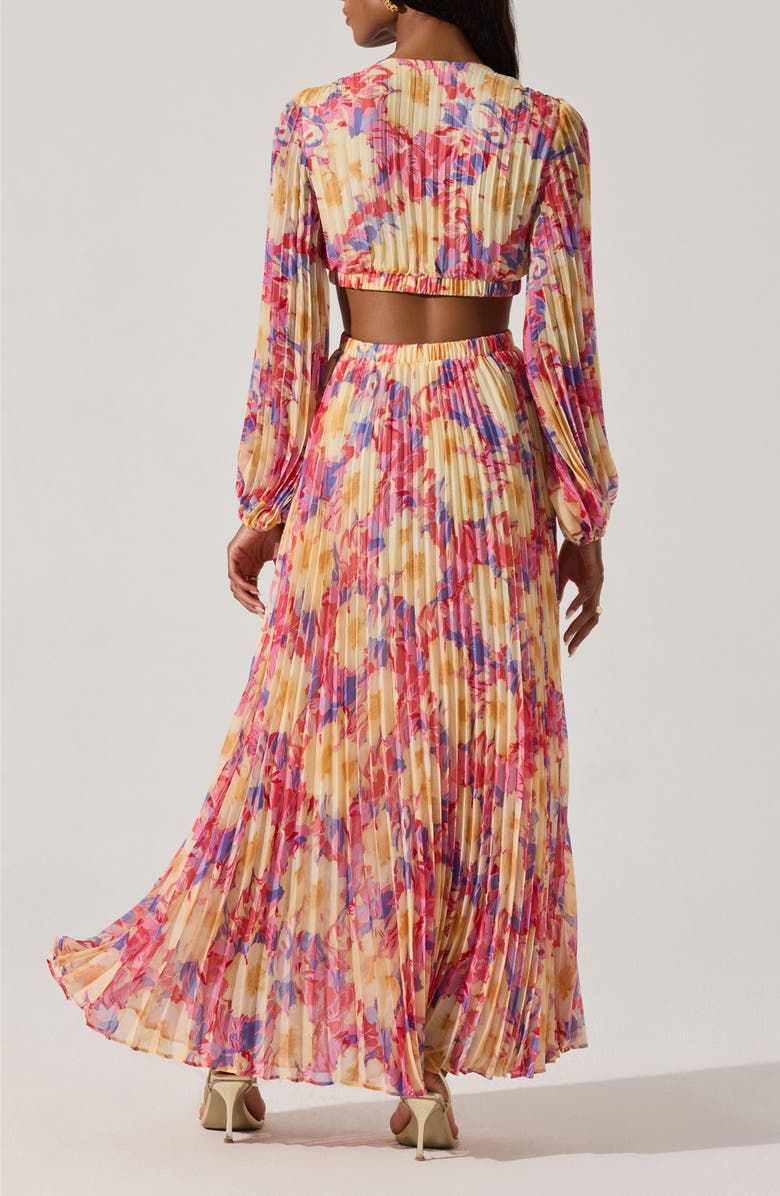 ASTR the Label Revery Floral Pleated Cutout Long Sleeve Maxi Dress, Alternate, color, Yellow Pink Floral