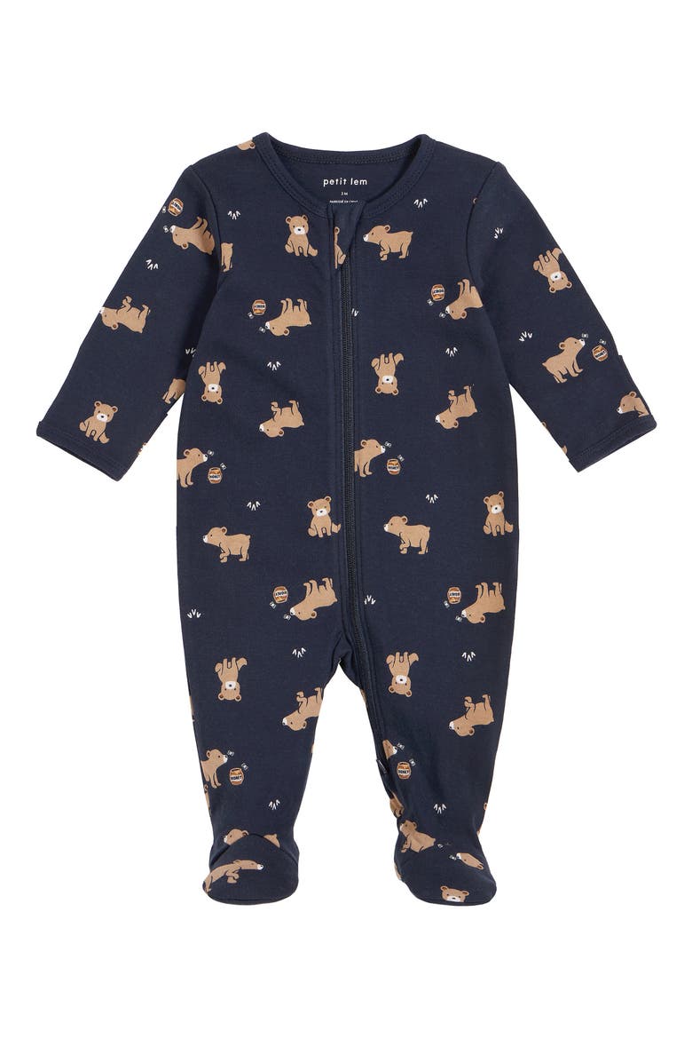 Honey Bear Print Organic Cotton Footie, Main, color, 604 NAVY