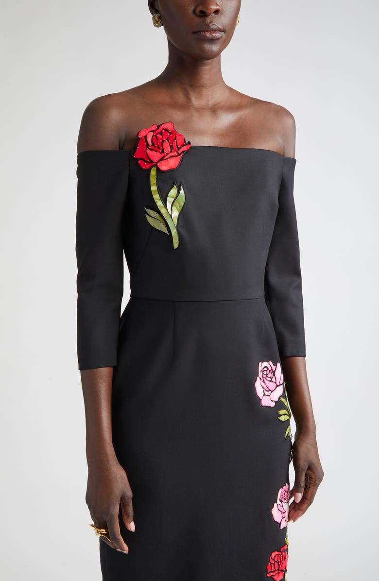 Oscar de la Renta Mosaic Rose Embroidered Off the Shoulder Midi Dress, Alternate, color, 