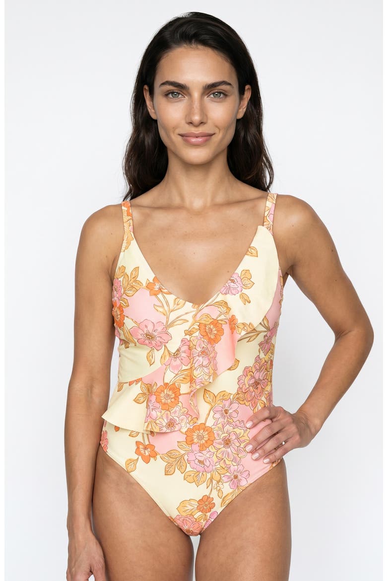 Stella Assymetrical Ruffle One Piece Swimsuit, Main, color, Falling For Flowers