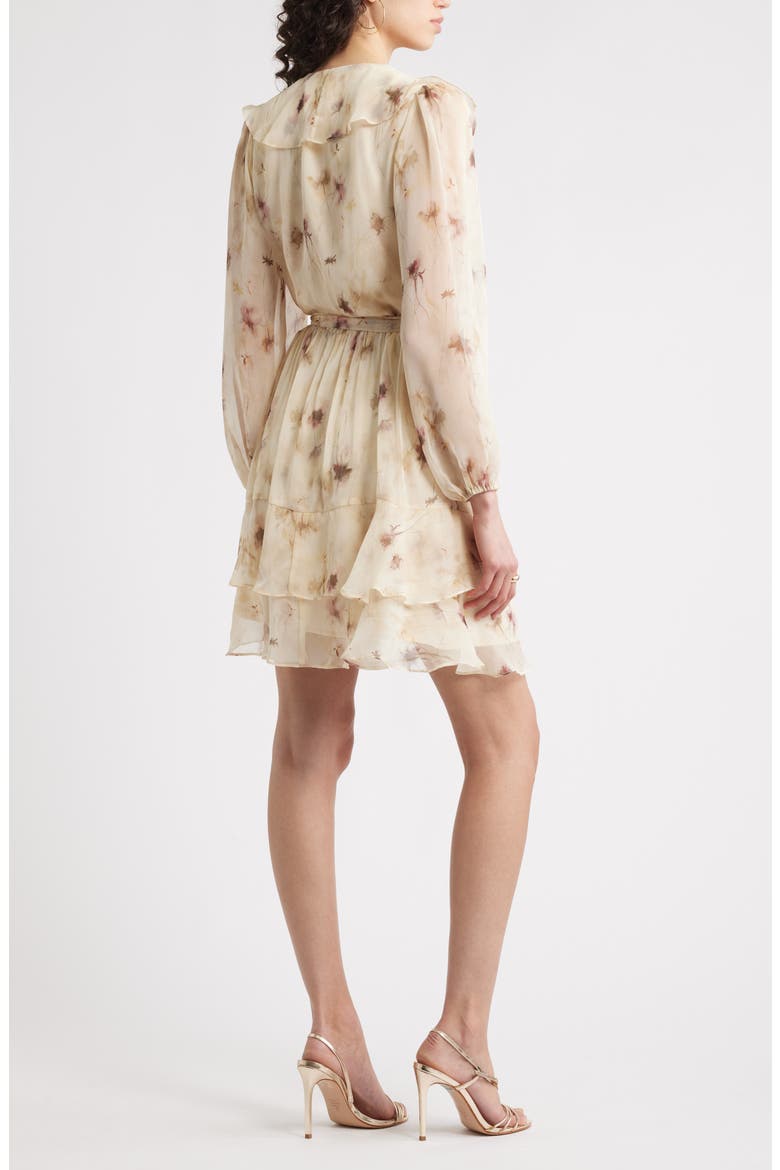 Floral Ruffle Trim Long Sleeve Chiffon Minidress, Alternate, color, BEIGE FLORAL