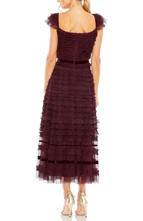 Mac Duggal Ruffle Cap Sleeve Embellished Tiered Midi Dress In Amethyst