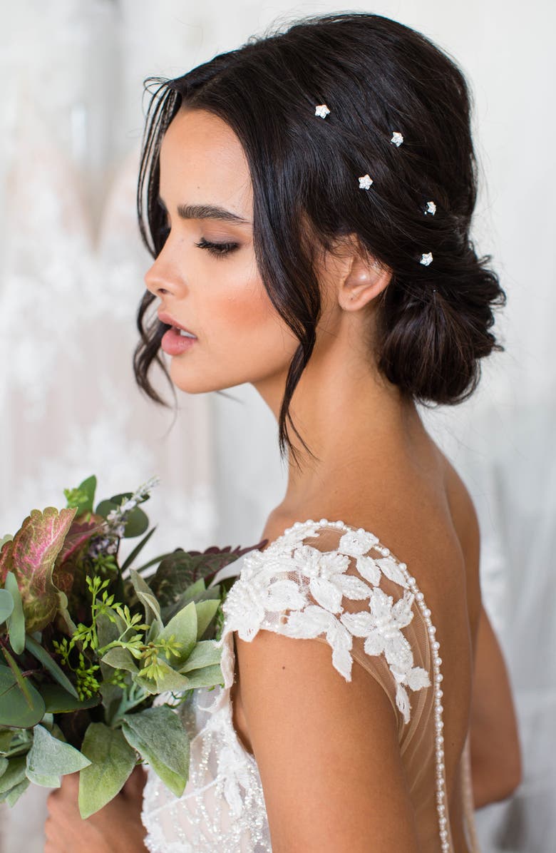 Brides & Hairpins Danai Set of 5 Crystal Hair Pins, Main, color, Silver