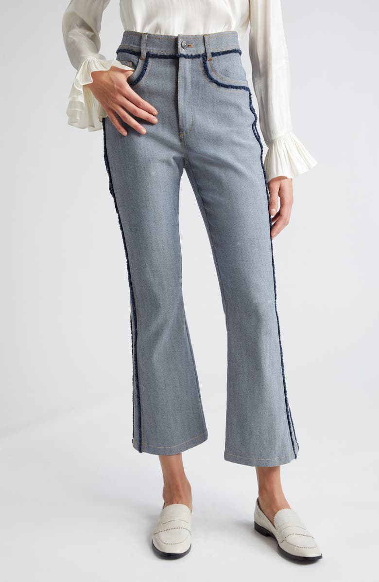 Cinq à Sept Sallie Fringe Trim Flare Crop Jeans, Main, color, 