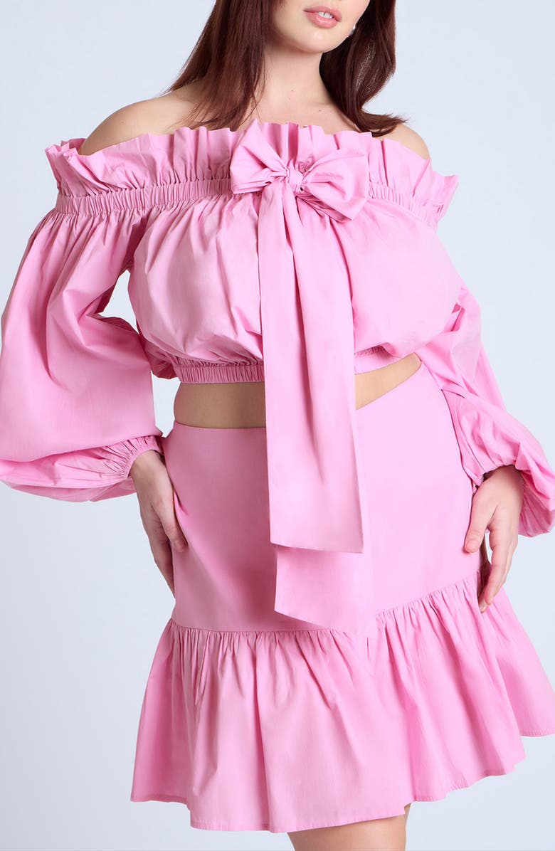 ELOQUII Ruffle Bubble Sleeve Poplin Crop Top, Main, color, 