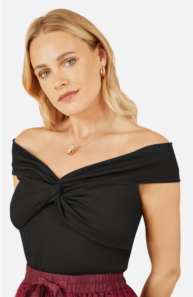 Yumi 100% Cotton Knot Detail Bardot Top, Alternate, color, Black