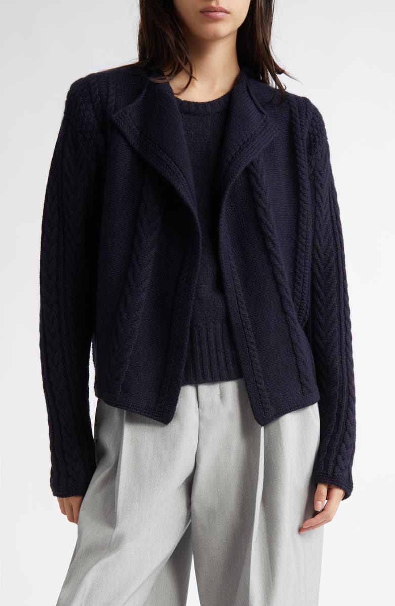 Johnstons of Elgin Aran Waterfall Collar Cashmere Cable Stitch Cardigan, Main, color, Dark Navy