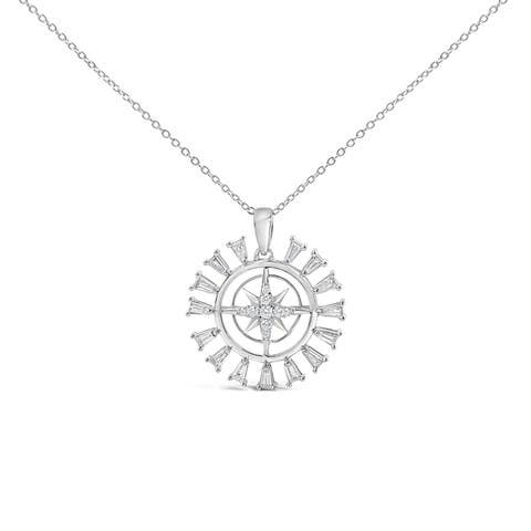Sterling Silver 1/2 Cttw Diamond Starburst Compass Medallion Pendant Necklace