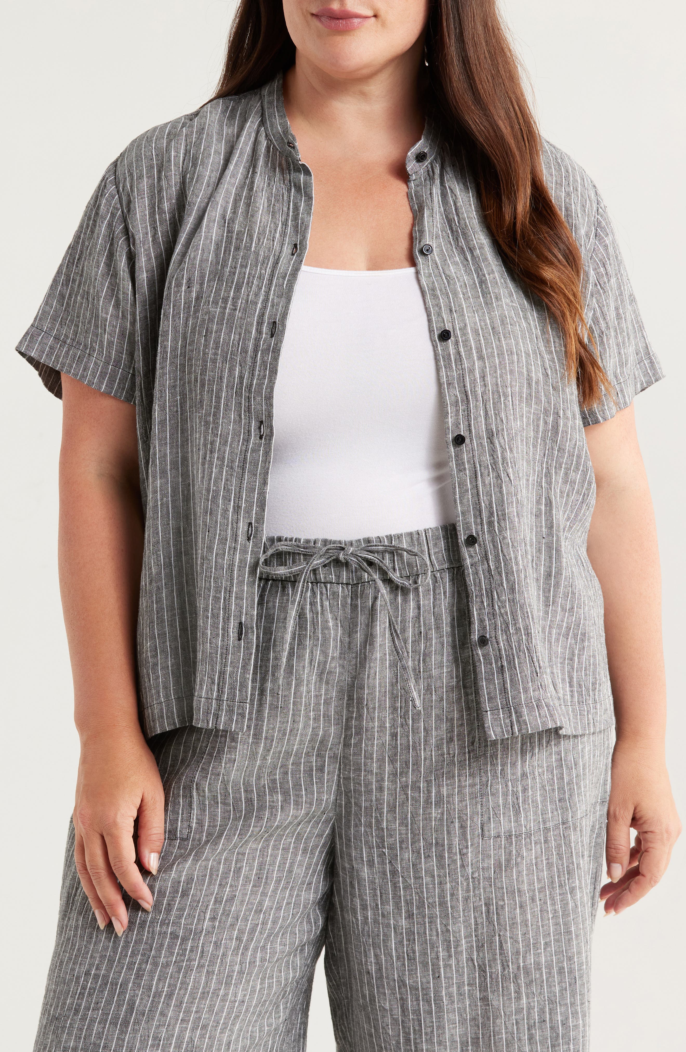 Eileen Fisher Mandarin Collar Organic Linen Button-Up Shirt