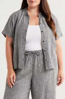 Eileen Fisher Mandarin Collar Organic Linen Button-Up Shirt
