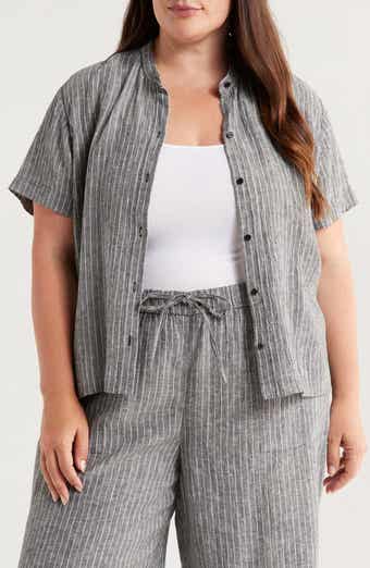Eileen Fisher Mandarin Collar Organic Linen Button-Up Shirt