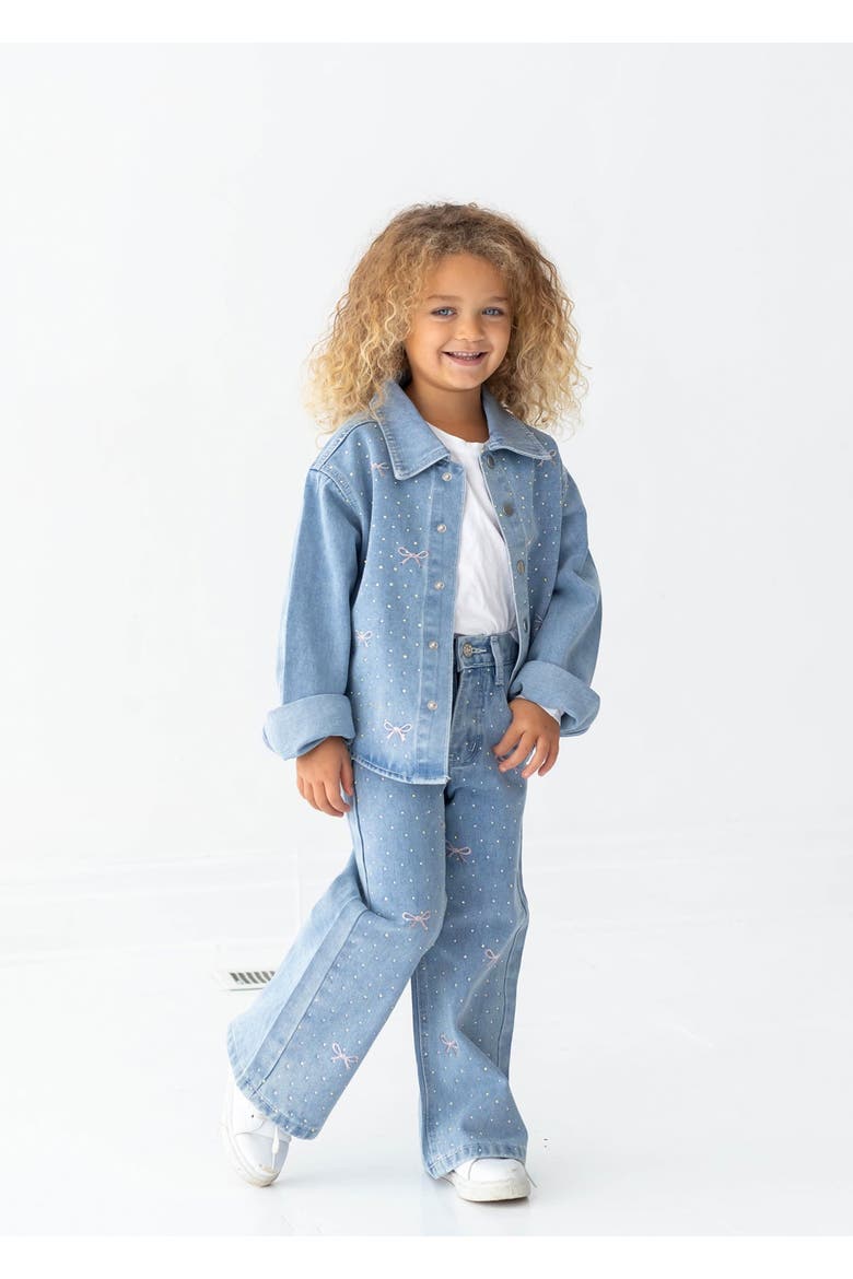 Bow Embroidered Rhinestone Wide Leg Denim Pants, Main, color, Blue