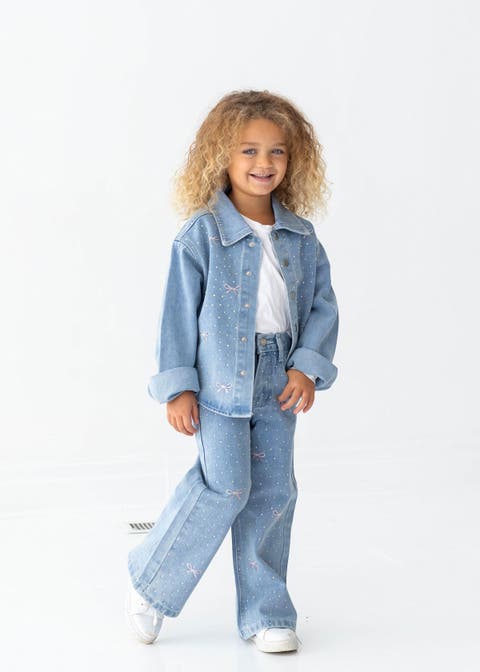 Bow Embroidered Rhinestone Wide Leg Denim Pants