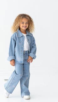 Mabel + Honey Bow Embroidered Rhinestone Wide Leg Denim Pants