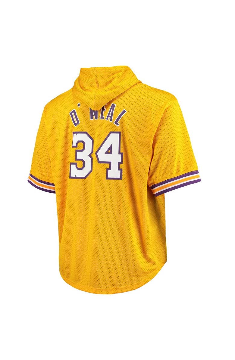Mitchell & Ness Men's Mitchell & Ness Shaquille O'Neal Gold/Purple Los Angeles Lakers Big & Tall Name & Number Short Sleeve Hoodie, Alternate, color, 