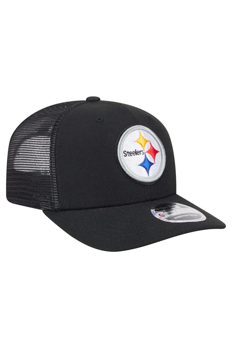 Men's New Era Black Pittsburgh Steelers Main Trucker 9SEVENTY Stretch-Snap Hat, Alternate, color, Black