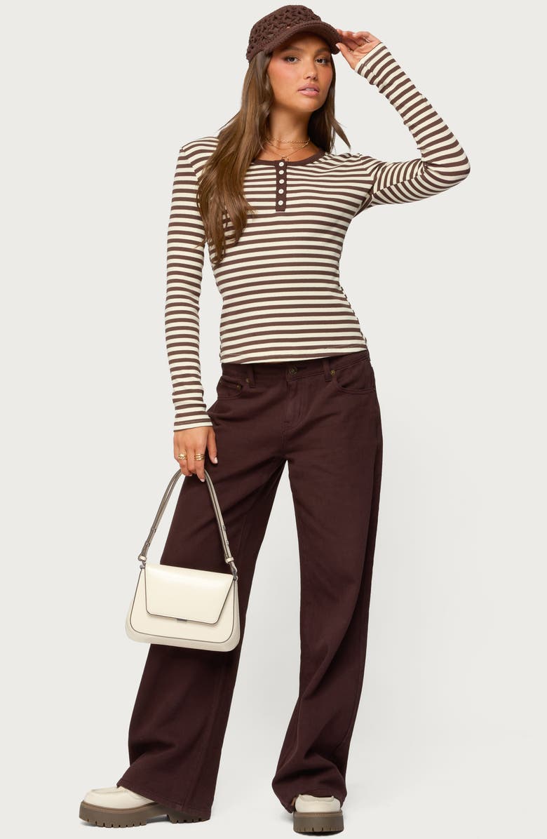 EDIKTED Roma Stripe Rib Henley Top, Alternate, color, Brown
