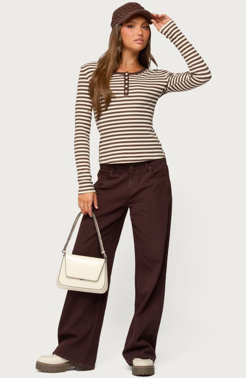 Edikted Roma Stripe Rib Henley Top In Brown