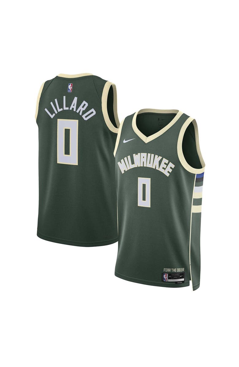 Nike Unisex Nike Damian Lillard Hunter Green Milwaukee Bucks Swingman Jersey - Icon Edition, Main, color, 