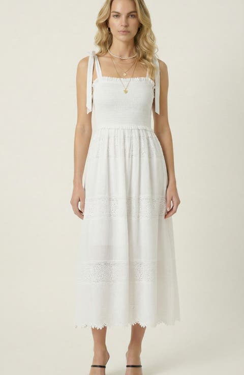 Smocked Lace Eyelet Maxi Dress