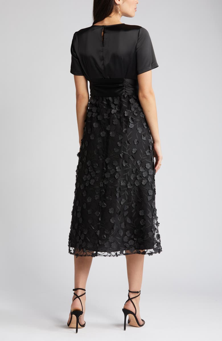 Anne Klein Floral Appliqué Tie Waist Satin Midi Dress, Alternate, color, 