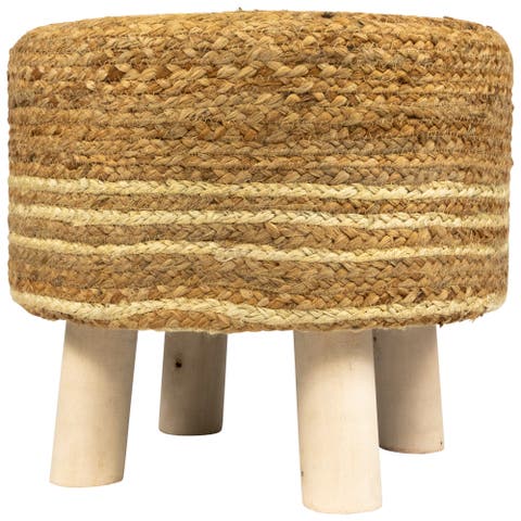 15" Beige Braided Jute and Wood Handmade Three Legged Foot Stool