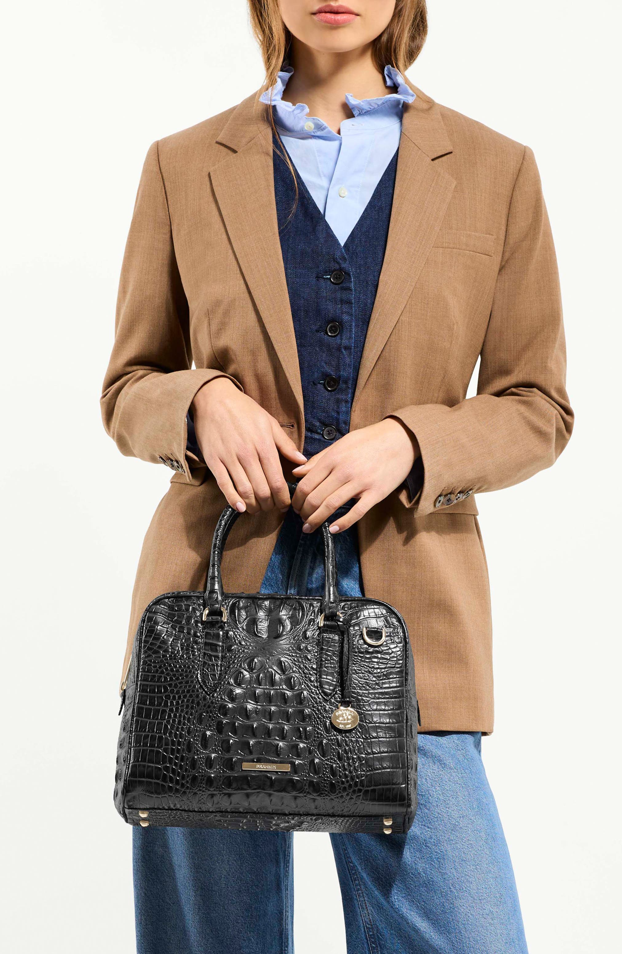 Brahmin Marissa Croc Embossed Leather Satchel, Alternate, color, Black Alden Road