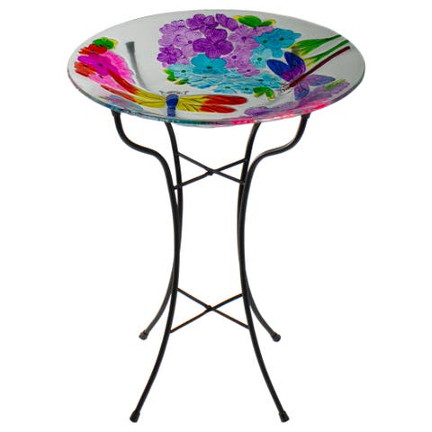18" Pink and Purple Dragonflies Hand Painted Glass Outdoor Patio Birdbath