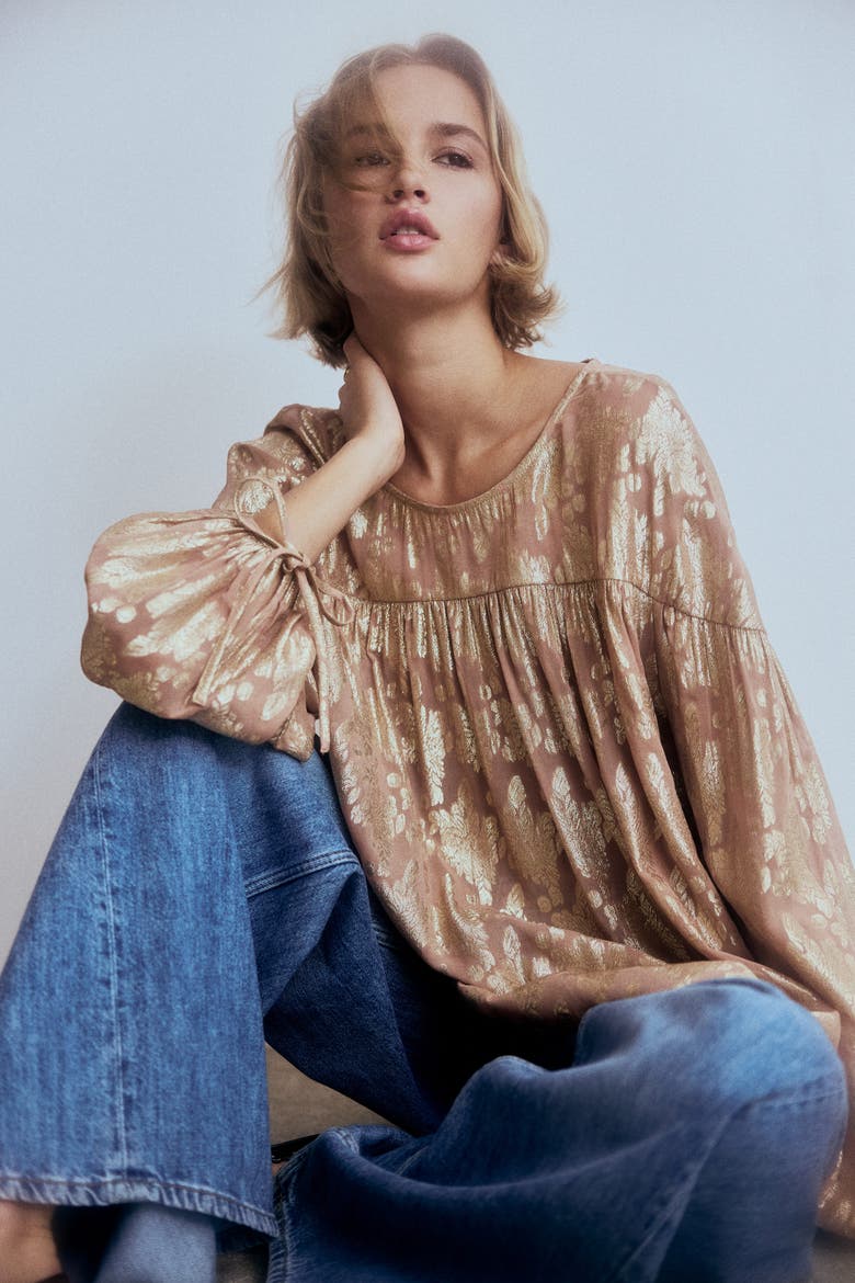 Oversized Jacquard-weave Blouse, Alternate, color, Beige/patterned