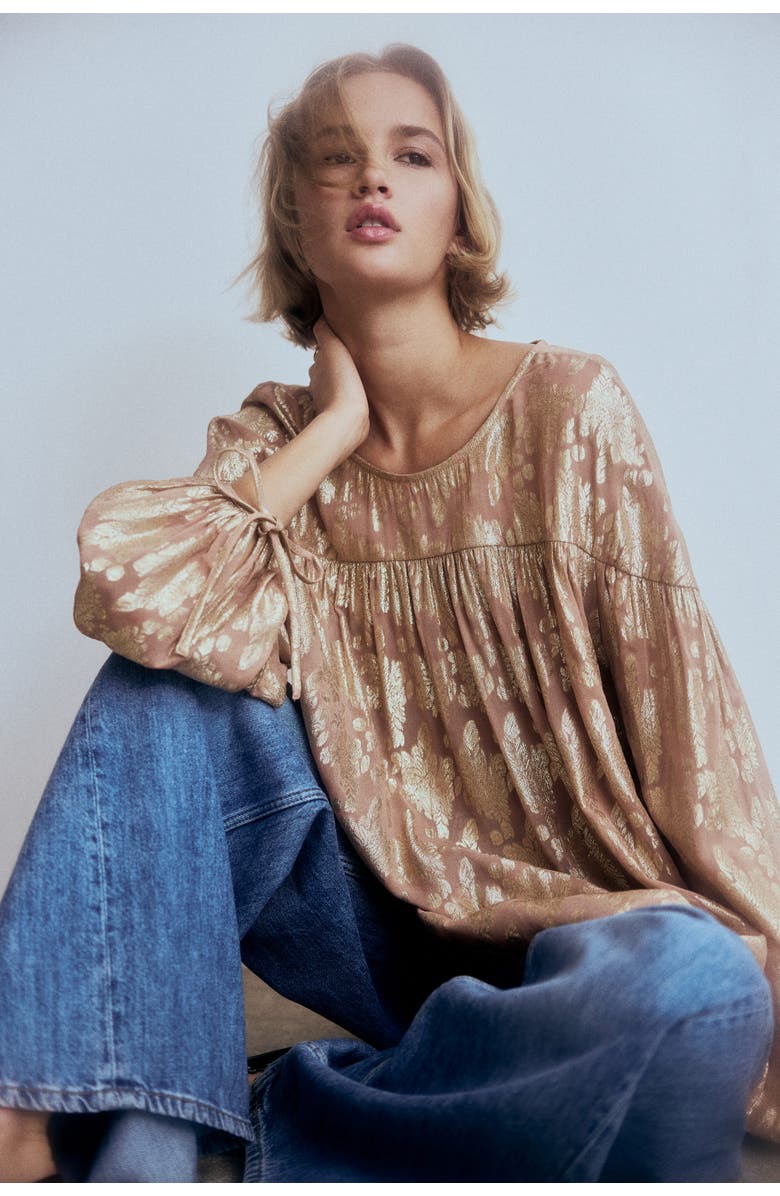 H&M Oversized Jacquard-weave Blouse, Alternate, color, Beige/Patterned