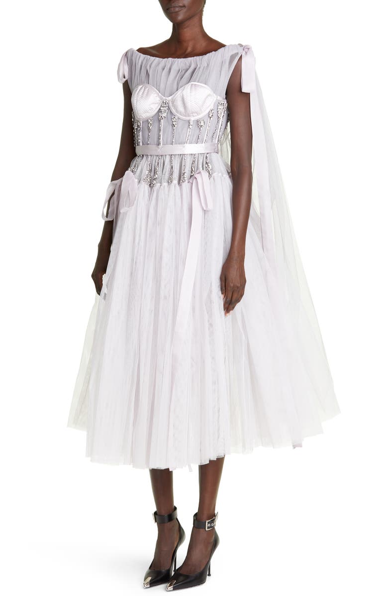 McQueen Crystal Embellished Off the Shoulder Mesh Dress, Alternate, color, 