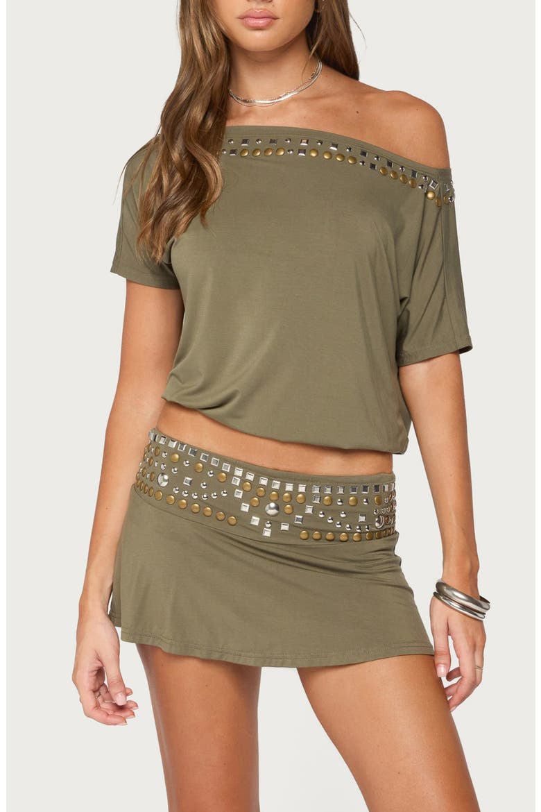 Feeva Studded Backless Off-the-Shoulder T-Shirt, Main, color, OLIVE