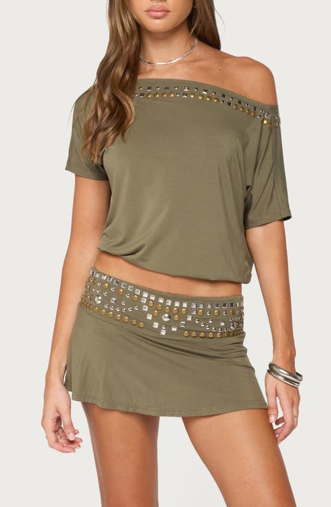 Feeva Studded Backless Off-the-Shoulder T-Shirt