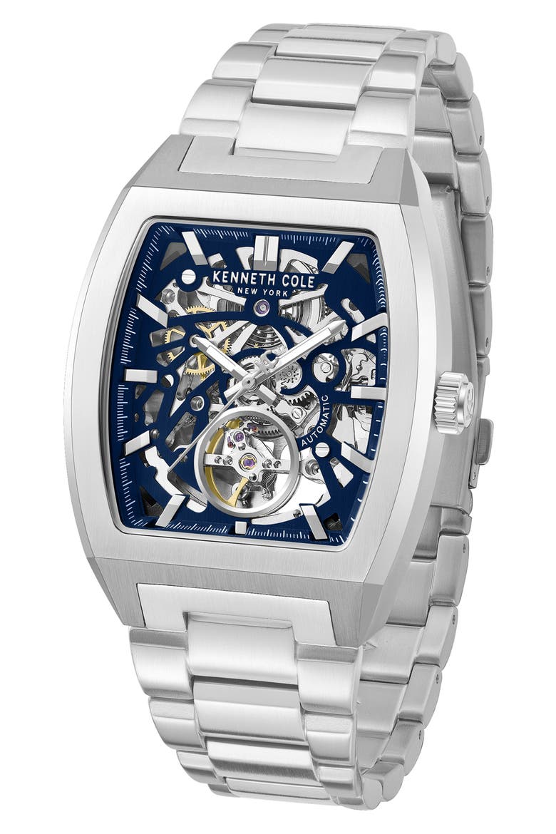 The Hollis Tonneau Skeleton Automatic Bracelet Watch, 40mm x 52.5mm, Alternate, color, SILVER