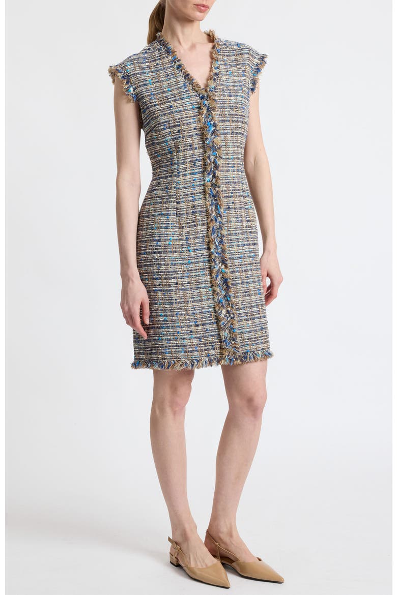 Tuscany Cap Sleeve V-Neck Sheath Tweed Dress, Alternate, color, Indigo
