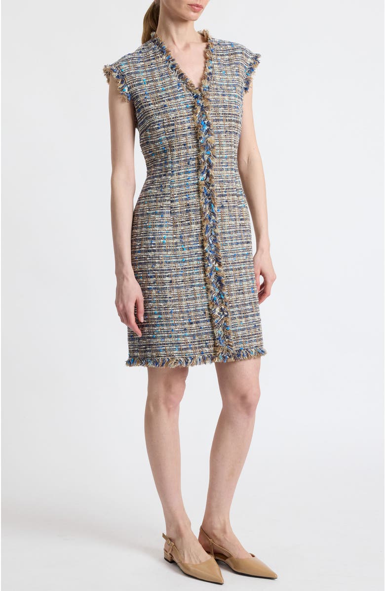 Santorelli Tuscany Cap Sleeve V-Neck Sheath Tweed Dress, Alternate, color, Indigo