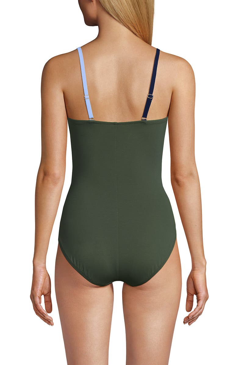 Lands' End Slender Suit Shine Bandeau Tummy Control Chlorine Resistant High Leg One Piece Swimsuit, Alternate, color, Navy/Cloud Blue/Olive Green