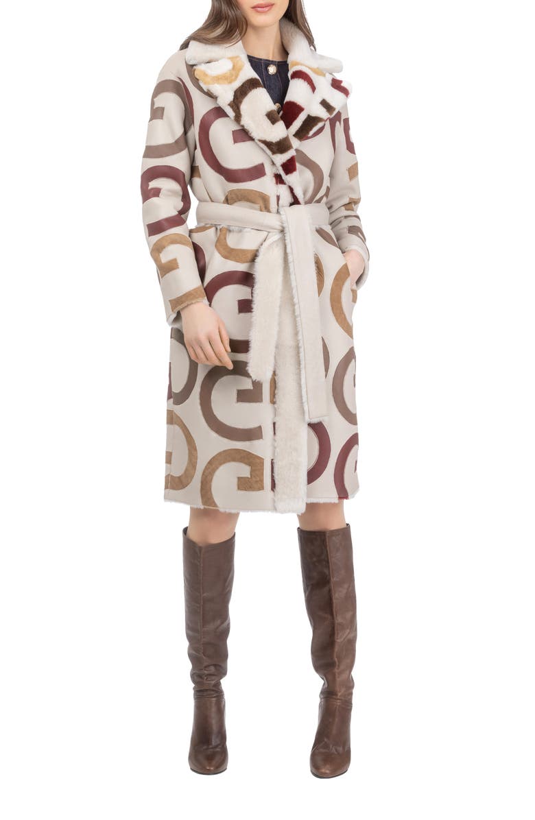 GORSKI Reversible Genuine Shearling G Intarsia Short Coat, Belt, Alternate, color, Cream/Wine/Chestnut/Camel