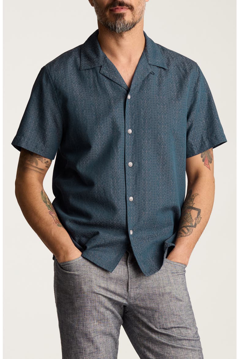 Resort Riveria Jacquard Stripe Cotton & Linen Camp Shirt, Main, color, LANDER GEO STRIPES C30