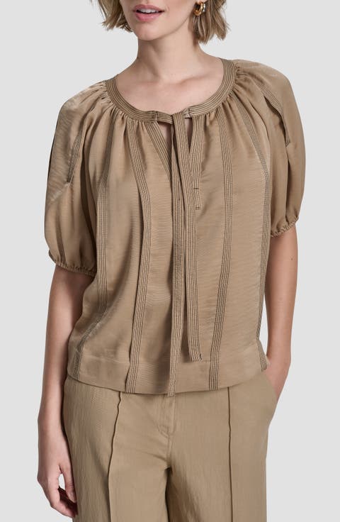 Puff Sleeve Contrast Stitch Tie Front Top