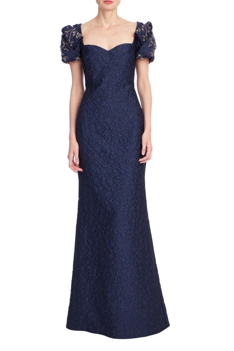 Crystal Appliqué Jacquard Gown, Main, color, NAVY