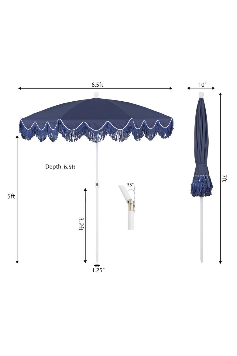 Mariner Coastal Round Outdoor Beach Umbrella with Fringe Trim, Push-Button Tilt, UV 50 Canopy and Wood-Finish Pole, Alternate, color, Navy - White Pole