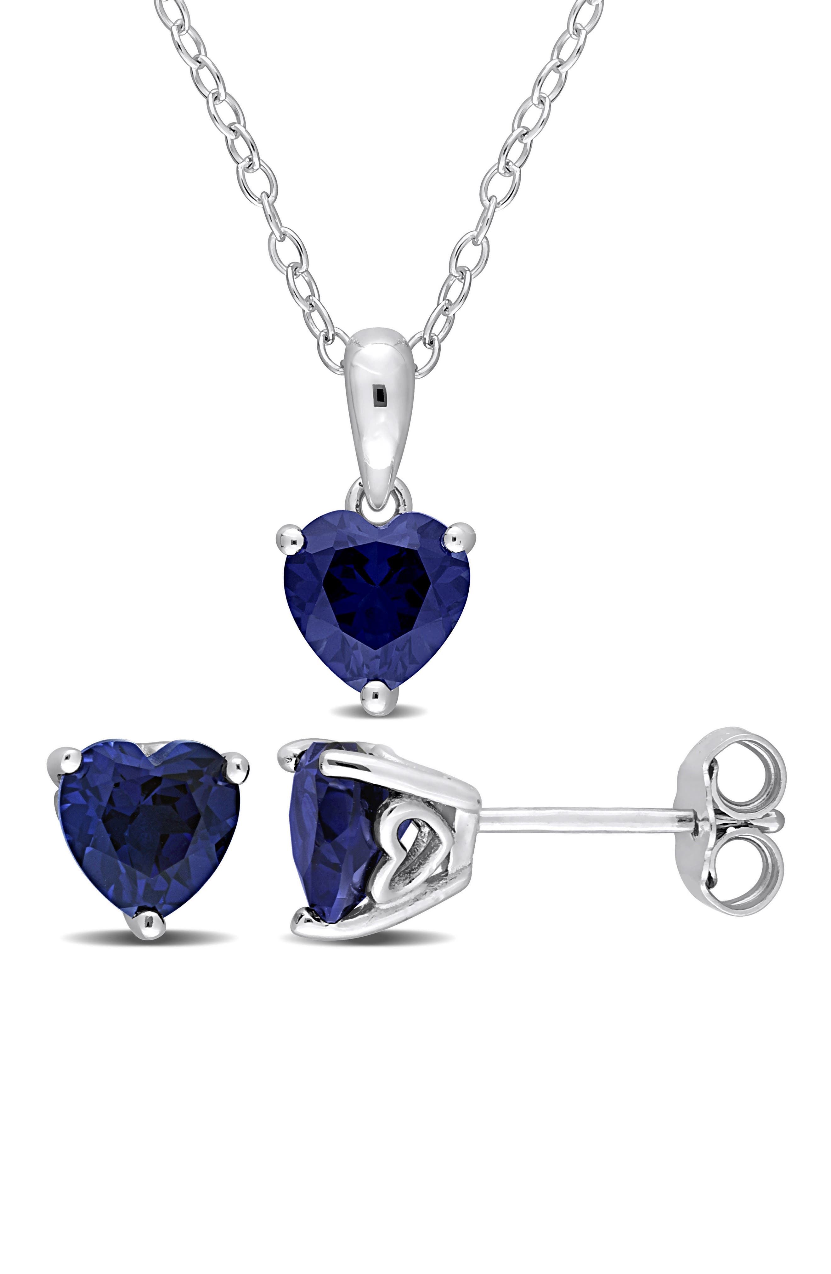 DELMAR Lab-Grown Sapphire Heart Stud Earrings & Pendant Necklace Set