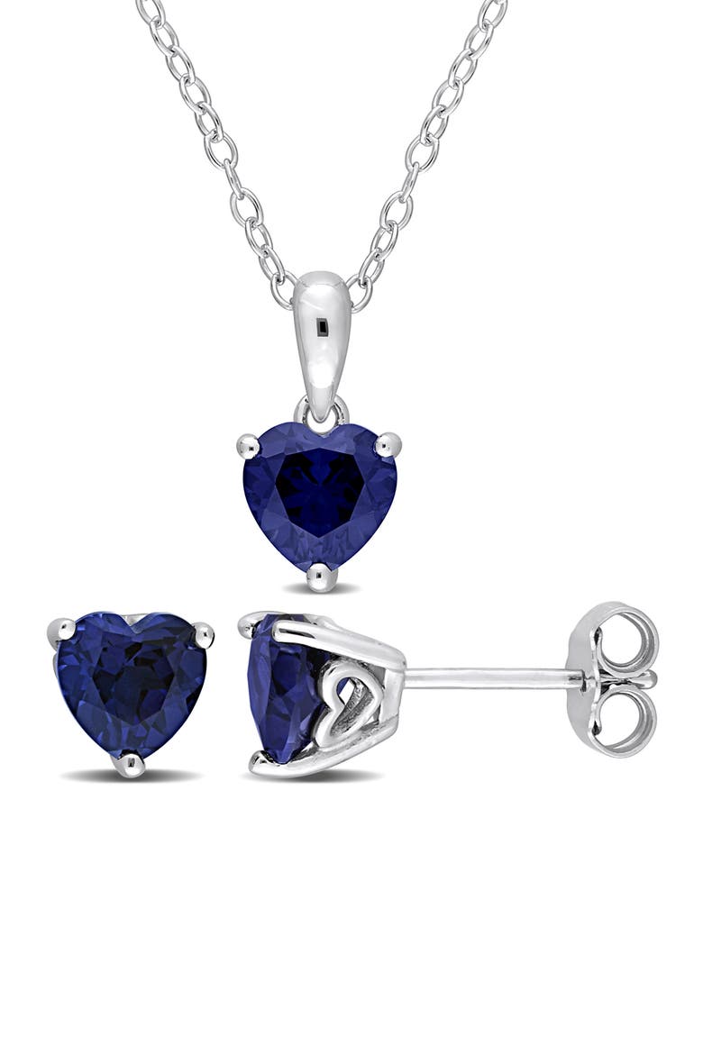 Lab-Grown Sapphire Heart Stud Earrings & Pendant Necklace Set, Main, color, BLUE