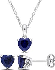 DELMAR Lab-Grown Sapphire Heart Stud Earrings & Pendant Necklace Set