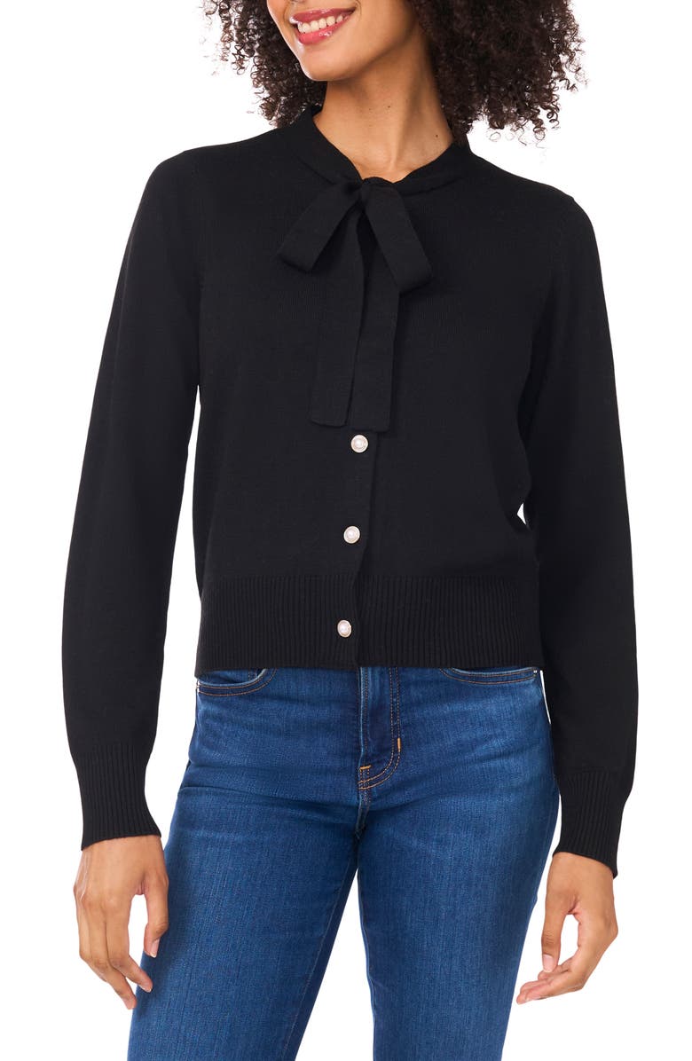 CeCe Tie Neck Cardigan, Main, color, Rich Black