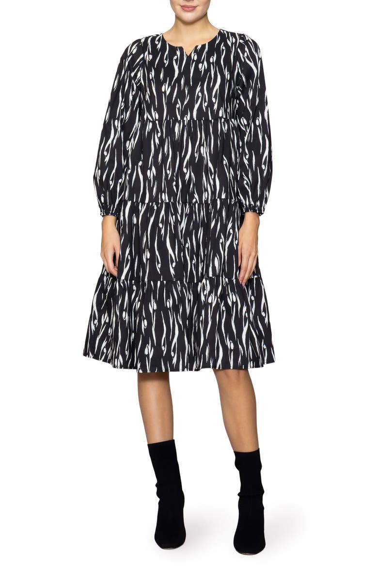 Poplin Tiered Long Sleeve Midi Dress, Main, color, BLACK IVORY