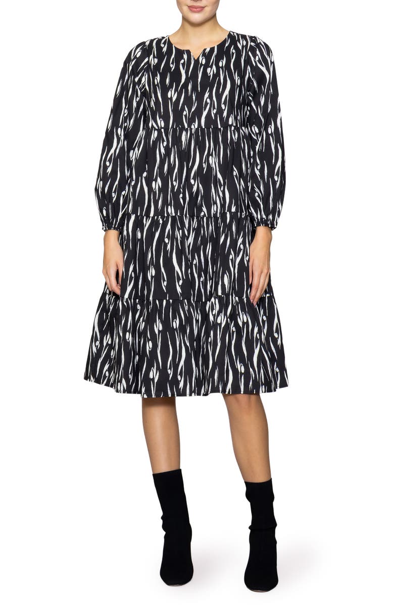 MELLODAY Poplin Tiered Long Sleeve Midi Dress, Main, color, Black Ivory