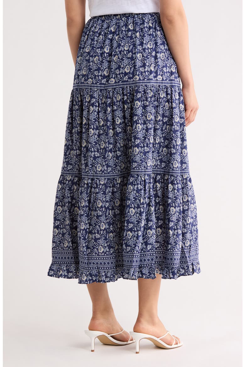 Floral Wreath Print Tiered Cotton Blend Maxi Skirt, Alternate, color, NAVY VINTAGE STENCIL