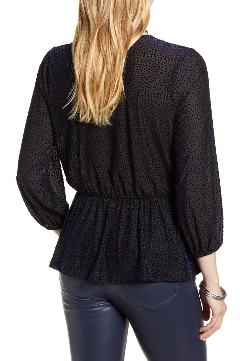 Flocked Peplum Top, Alternate, color, NAVY FLOCKED OVAL PATTERN